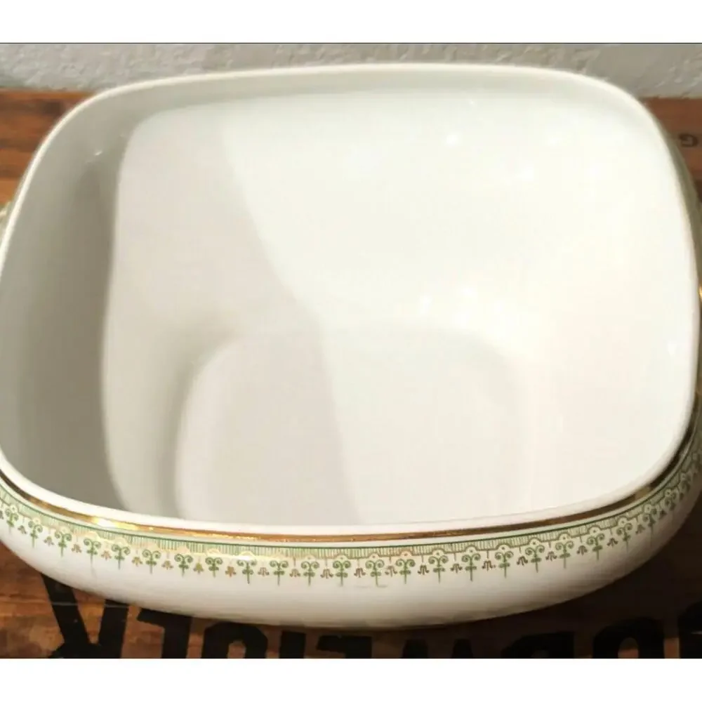 LIMOGES FRANCE JEAN POUYAT - COVERED HANDLED SERVING DISH Gold/Green Trim 8in